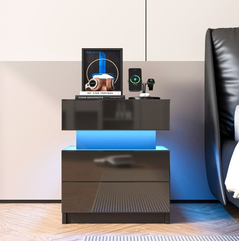 Nightstand Modern With Led Lights Drawers For Bedroom