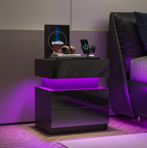 Nightstand Modern With Led Lights Drawers For Bedroom