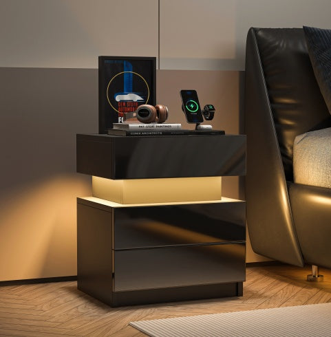 Nightstand Modern With Led Lights Drawers For Bedroom